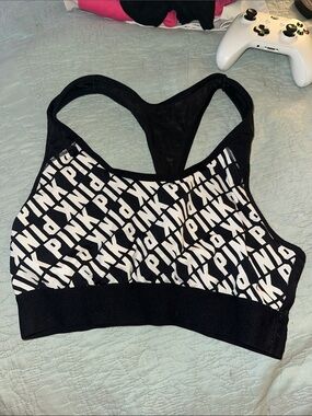 PINK Victoria's Secret Black & White Logo Racerback Sports Bra